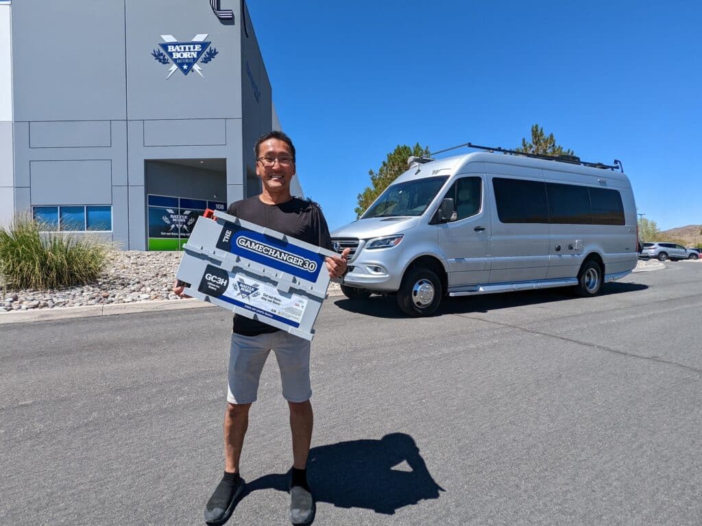 Stuart Takehara with GC3 in front of Battle Born Batteries Headquarters